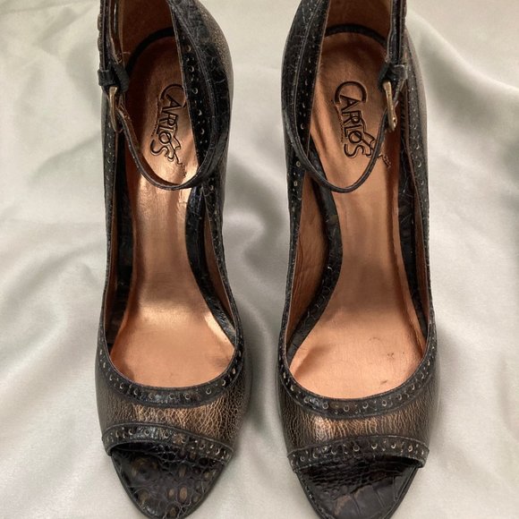 Carlos Santana Black Brass Ankle Strap Leather Peep Toe Pumps Size 6 - Picture 4 of 16